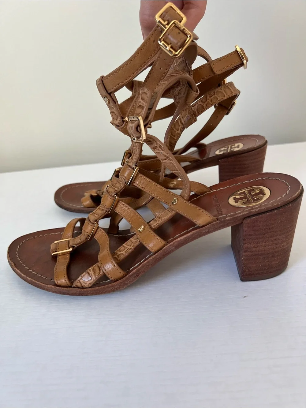 Tory Burch Reggie Leather Brown Tan block heel gladiator sandals size 8.5